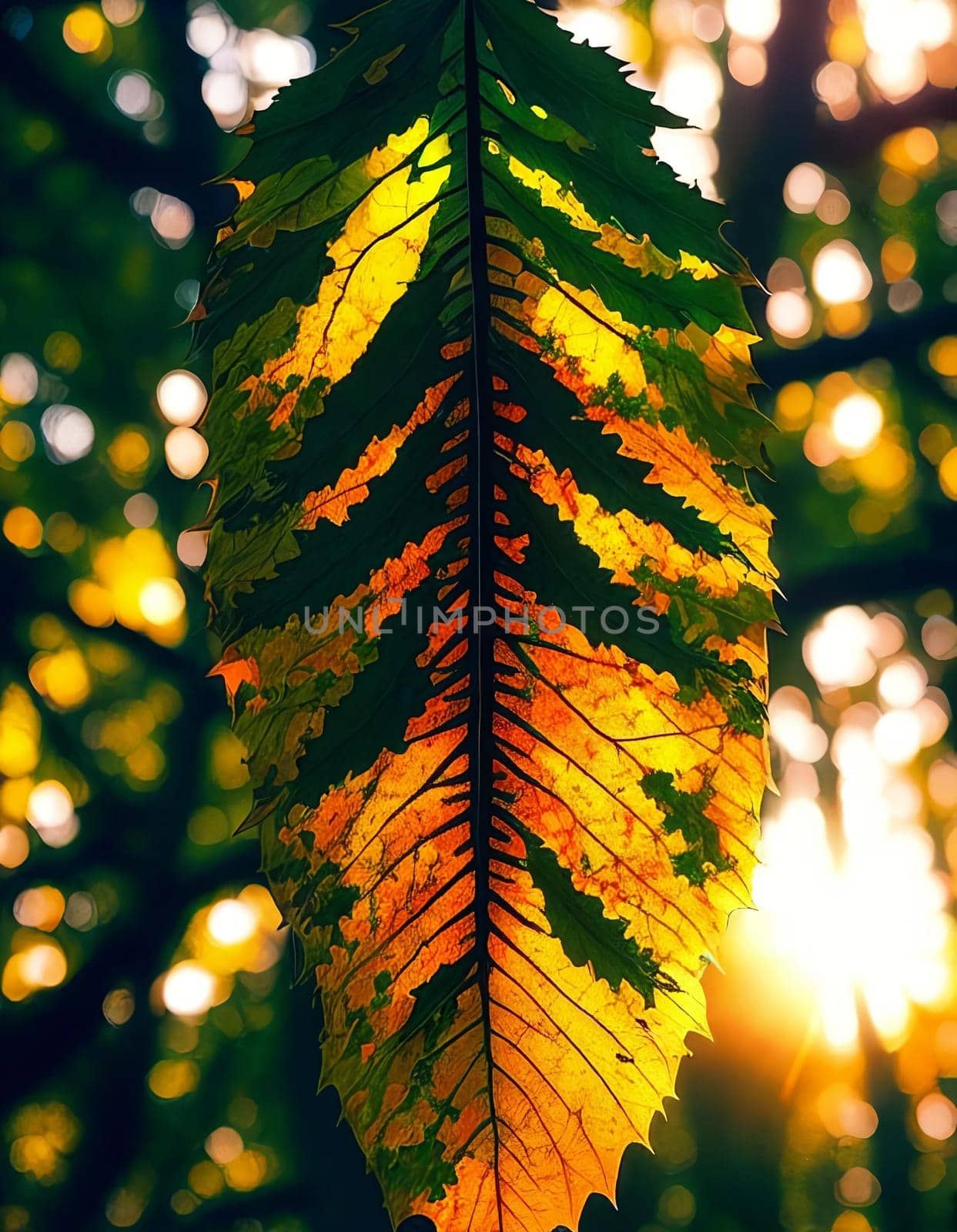 Forest Whispers. Single leaf in a dark forest as the setting sun filters through the canopy, highlighting the intricate veins and textures in a magical play of light and shadow.