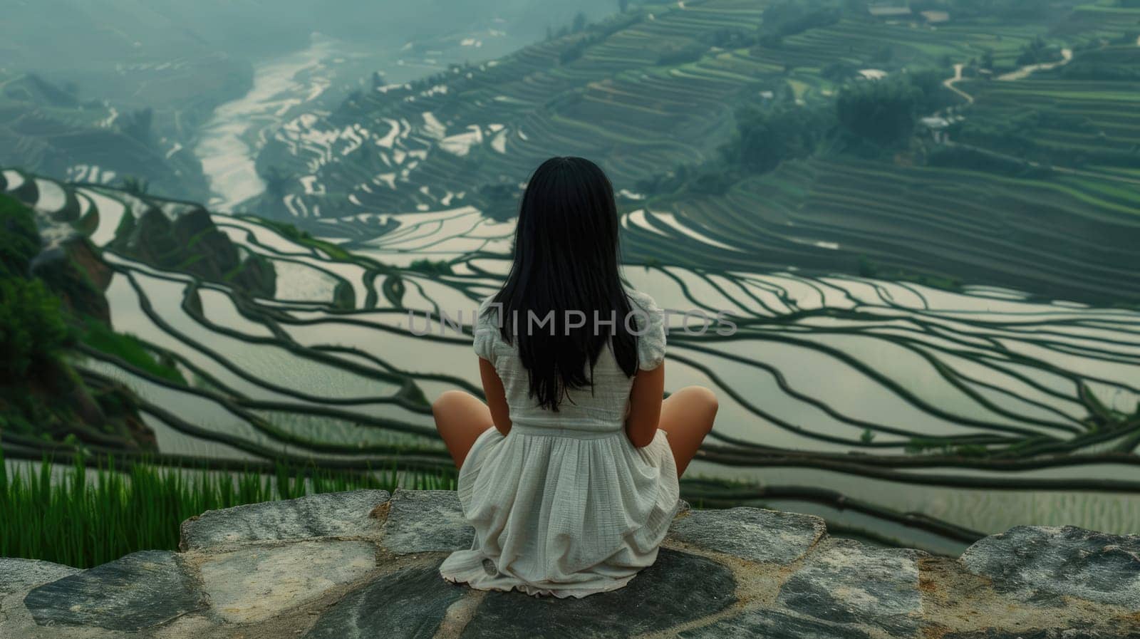 Woman traveling among rice fields. European girl among rice terraces and green plantations in Asia AI