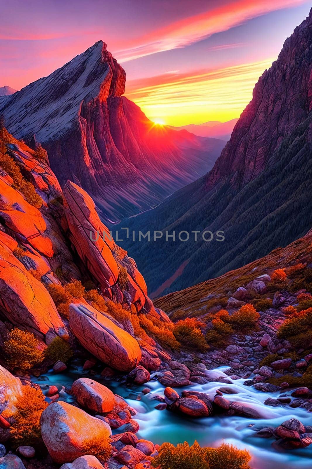 Mountain Majesty. Rugged beauty of a mountain peak at sunset, focusing on the intricate details of rocks and vegetation bathed in the warm, golden light of the fading day.