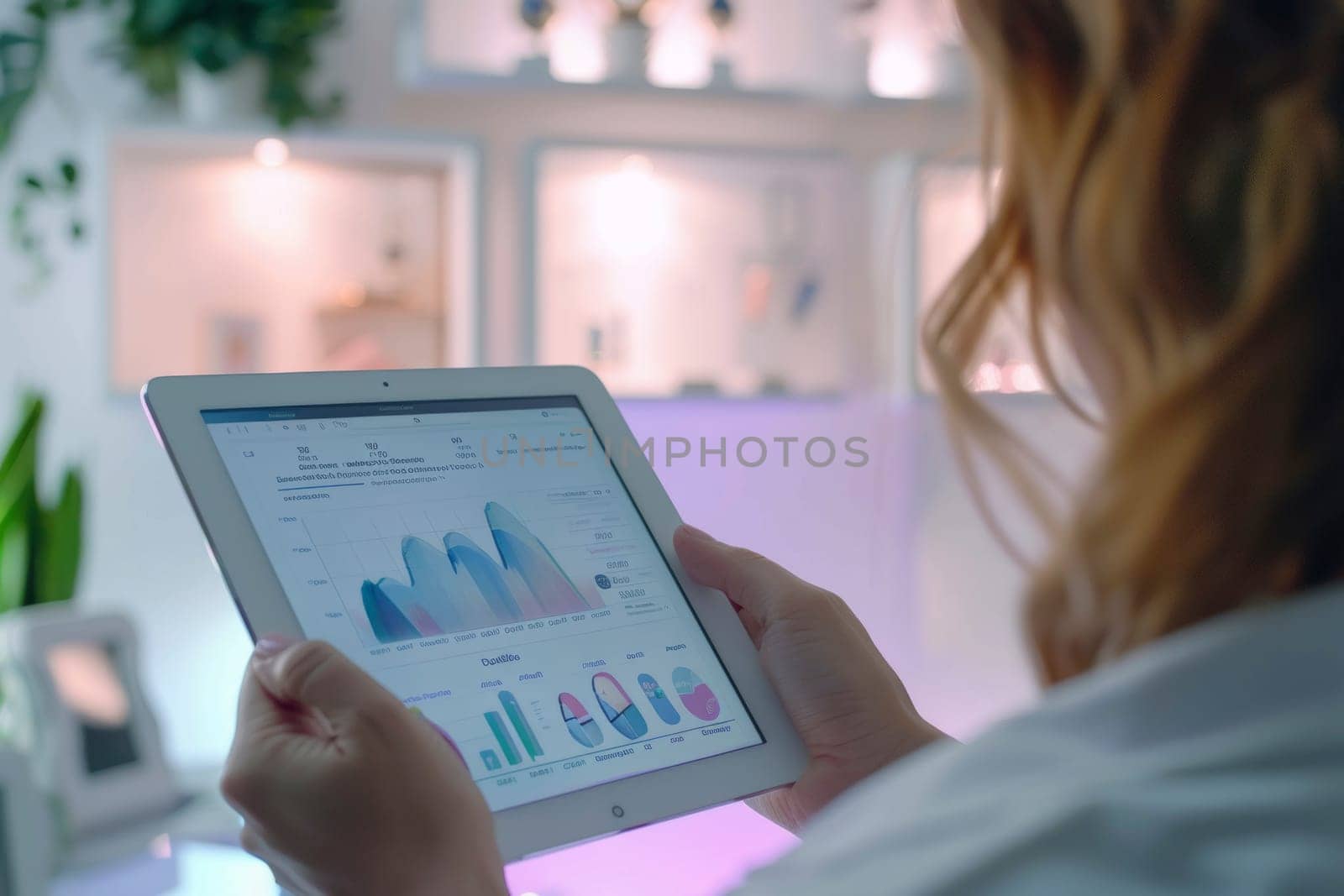 A woman attentively reviews charts on a tablet in her bedroom, her face a picture of focus. The charts' colorful lines reflect on her face, hinting at the deep analysis of her evening work