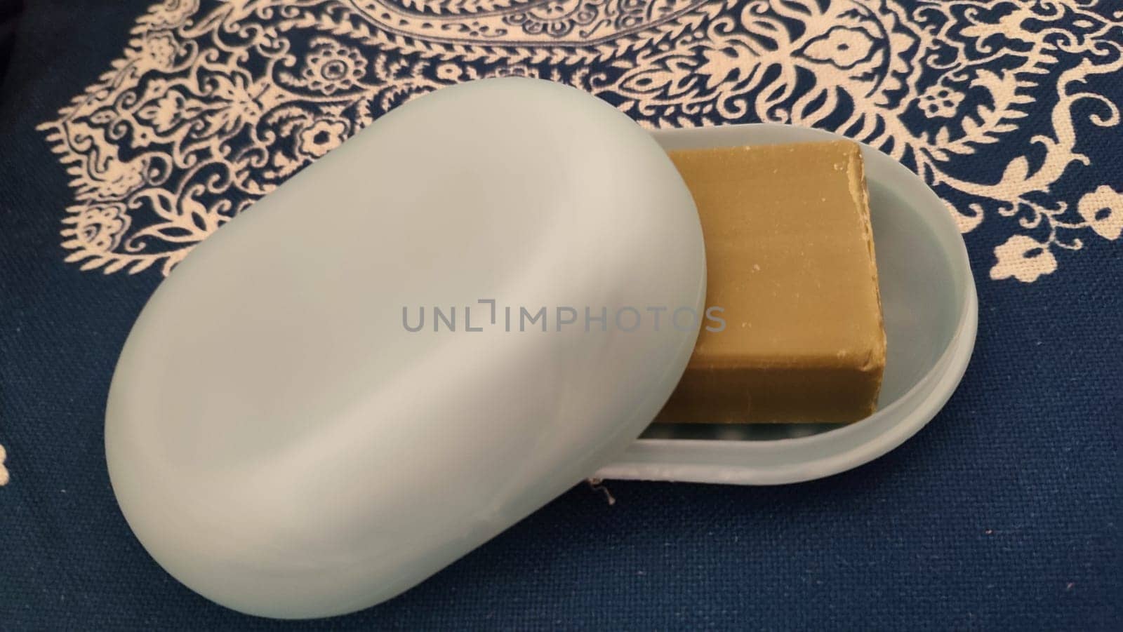 blue plastic soap dish for soap, hygiene object. High quality photo