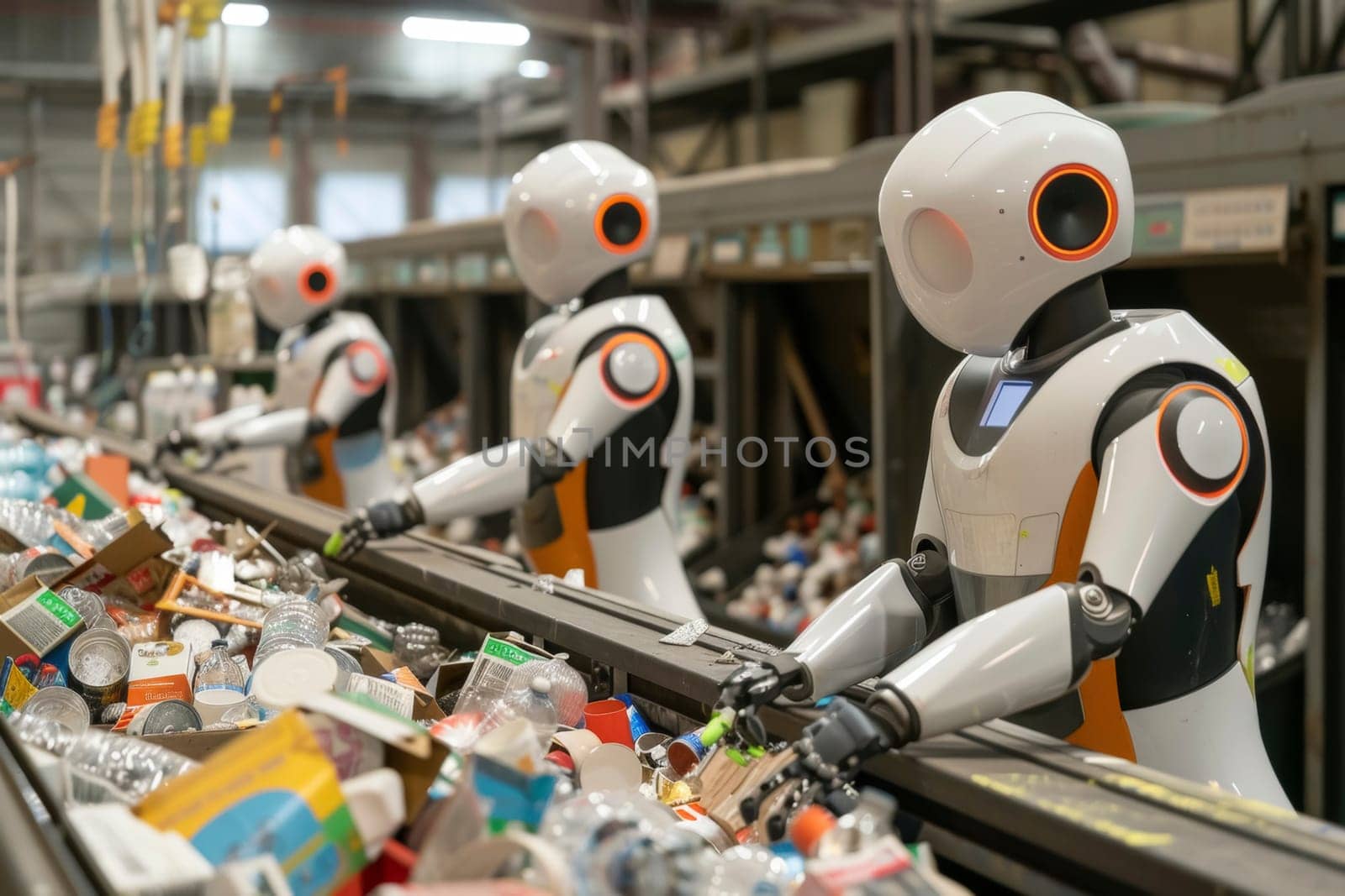 A fleet of orange industrial robots equipped with artificial intelligence sorts through a conveyor belt of recyclable materials. This image illustrates the integration of technology in sustainable waste management