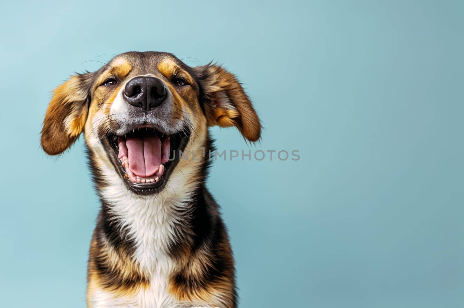 Joyful Dog Smiling Against a Blue Background by chrisroll