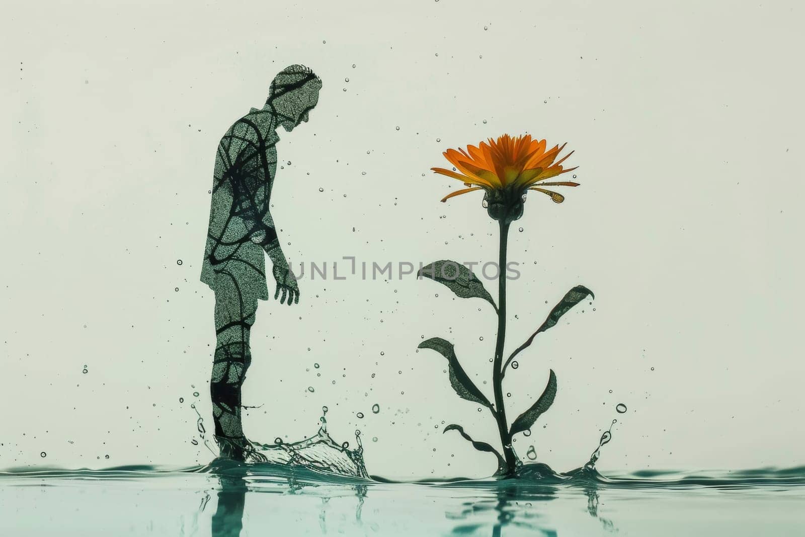 A silhouette of a person stands transfixed by a vibrant flower amidst water droplets. The contrast of human and flora evokes a sense of wonder and the cycle of life.