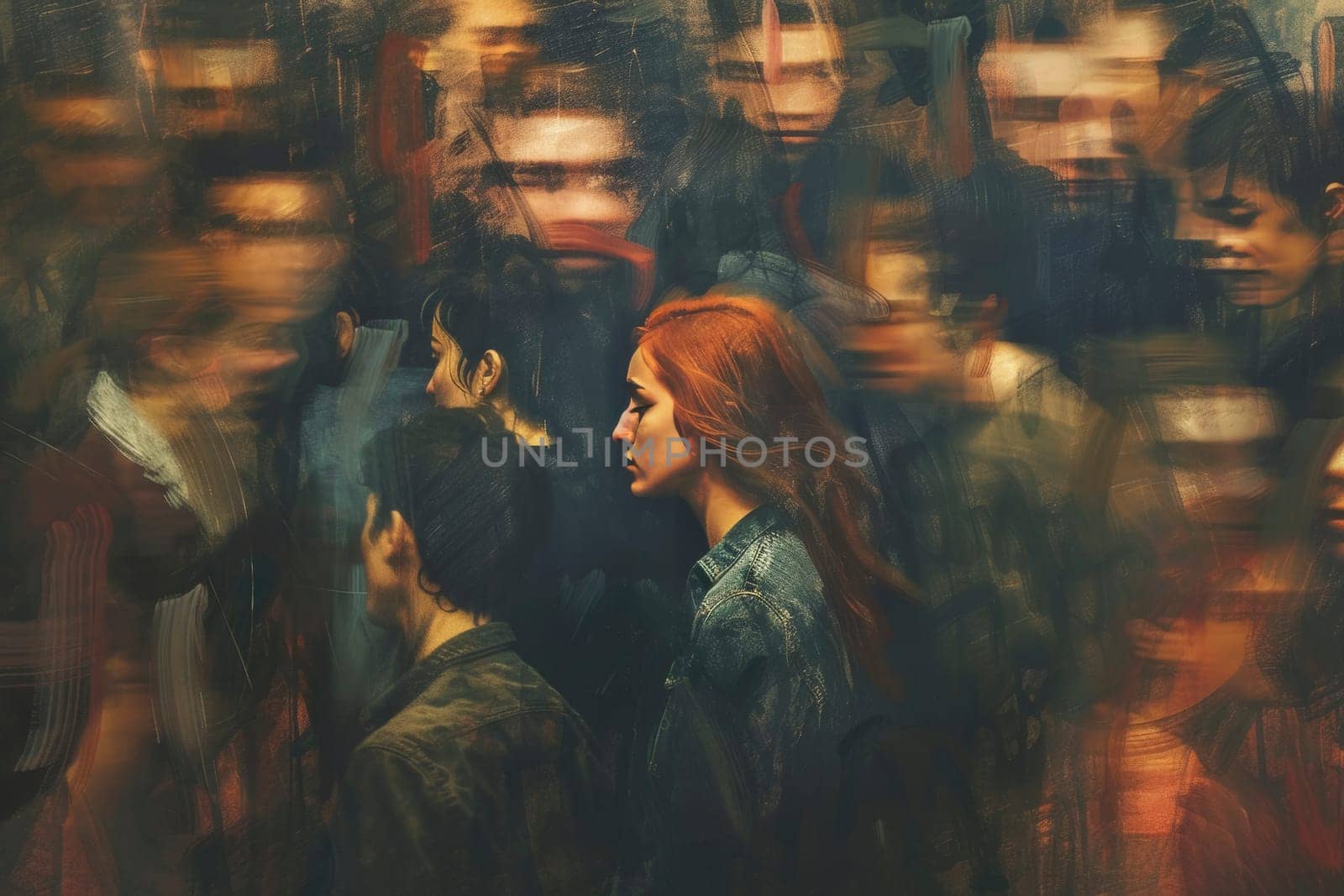 A poignant artwork portrays a woman lost in thought among blurred figures, symbolizing the isolation often felt in mental health struggles. The vivid contrast highlights the personal nature of her experience