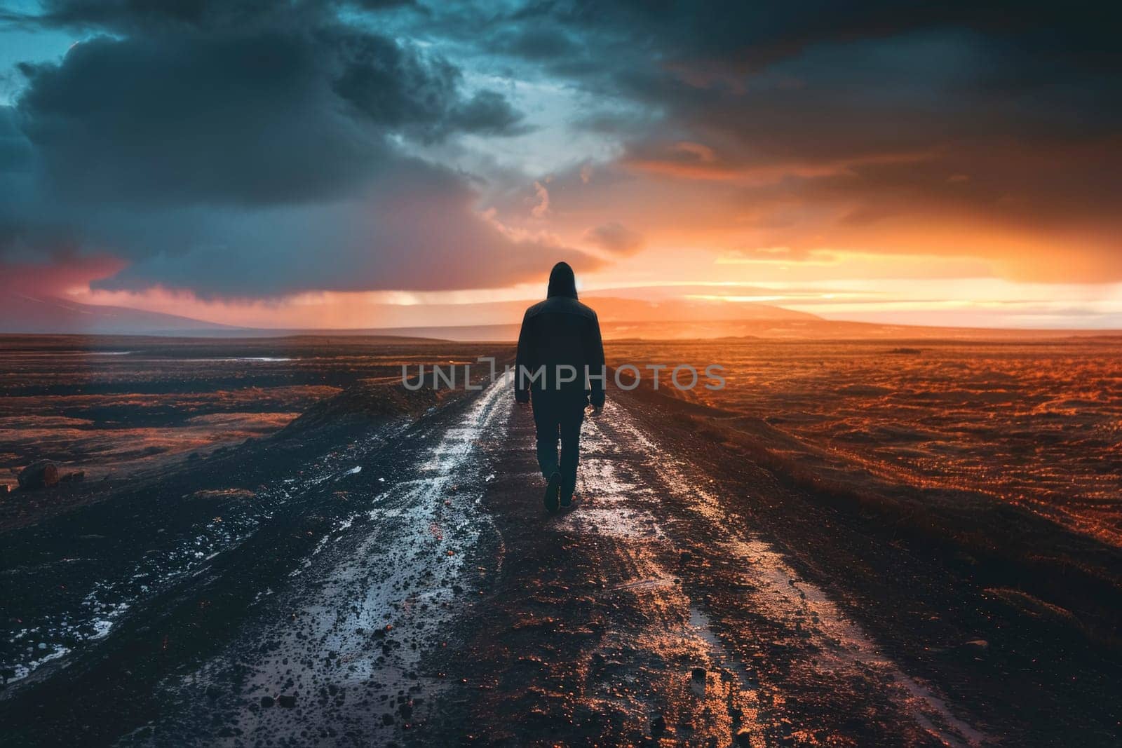 A solitary figure walks on a desolate road towards a horizon aglow with the promise of clearing storms, epitomizing resilience and hope. The dramatic landscape underscores a narrative of perseverance