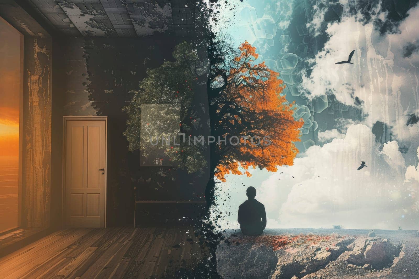 In this visual metaphor, a person sits contemplating a serene autumn scene, while the room behind crumbles into decay and storm. It represents the inner peace one can maintain despite the surrounding turmoil