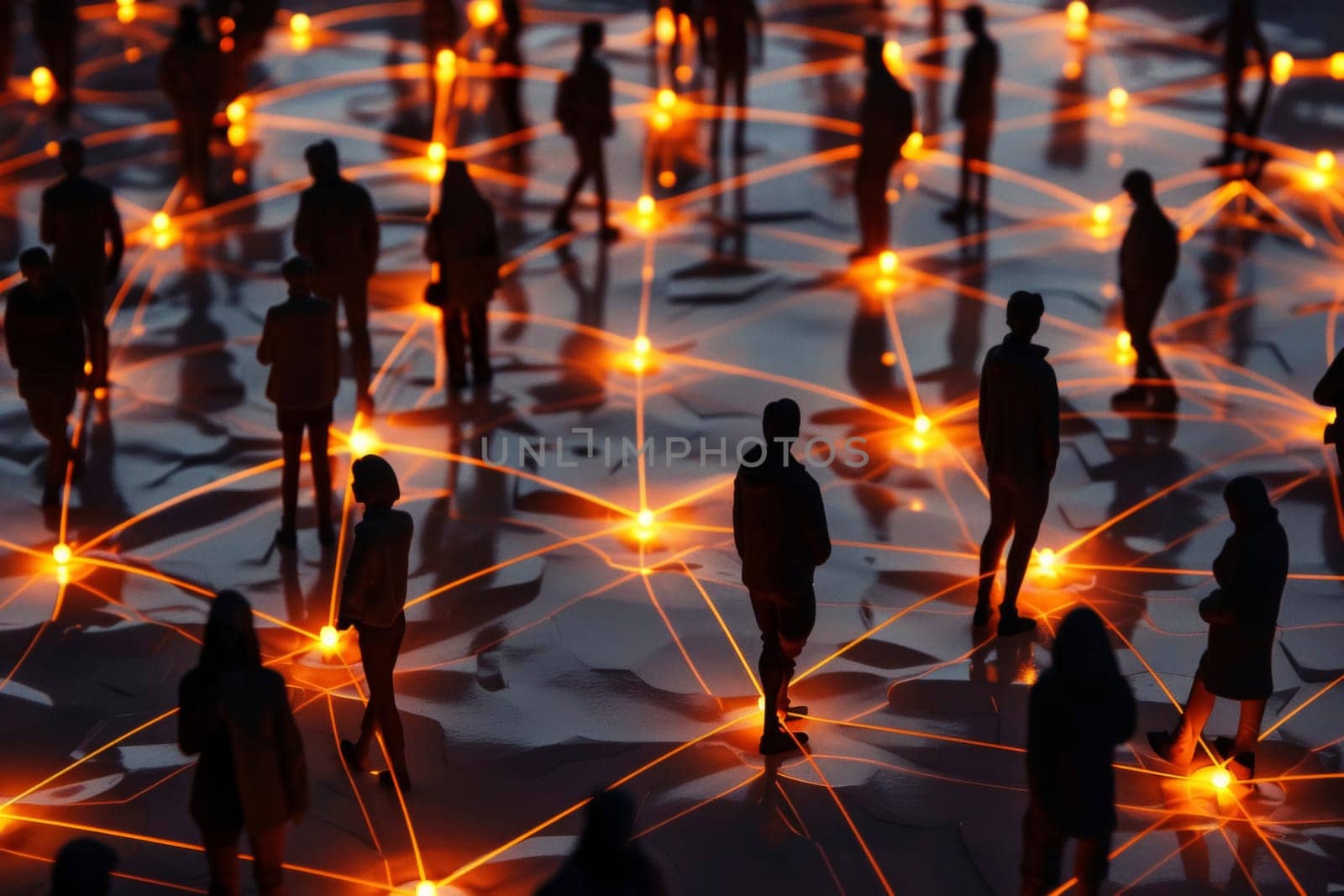 A rich tapestry of light and shadow plays across a crowd of figures, interconnected by glowing nodes. It's a powerful representation of today's interconnected society and the networks that bind us
