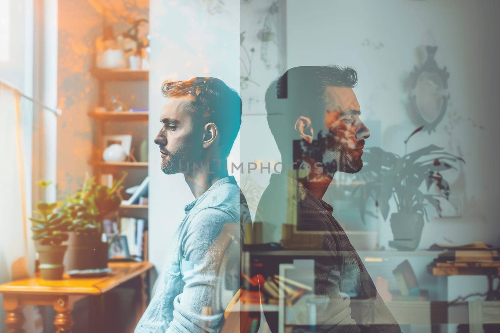 A composite image showcases a man's profile split between vibrant life and a shadowy existence, questioning reality and perception