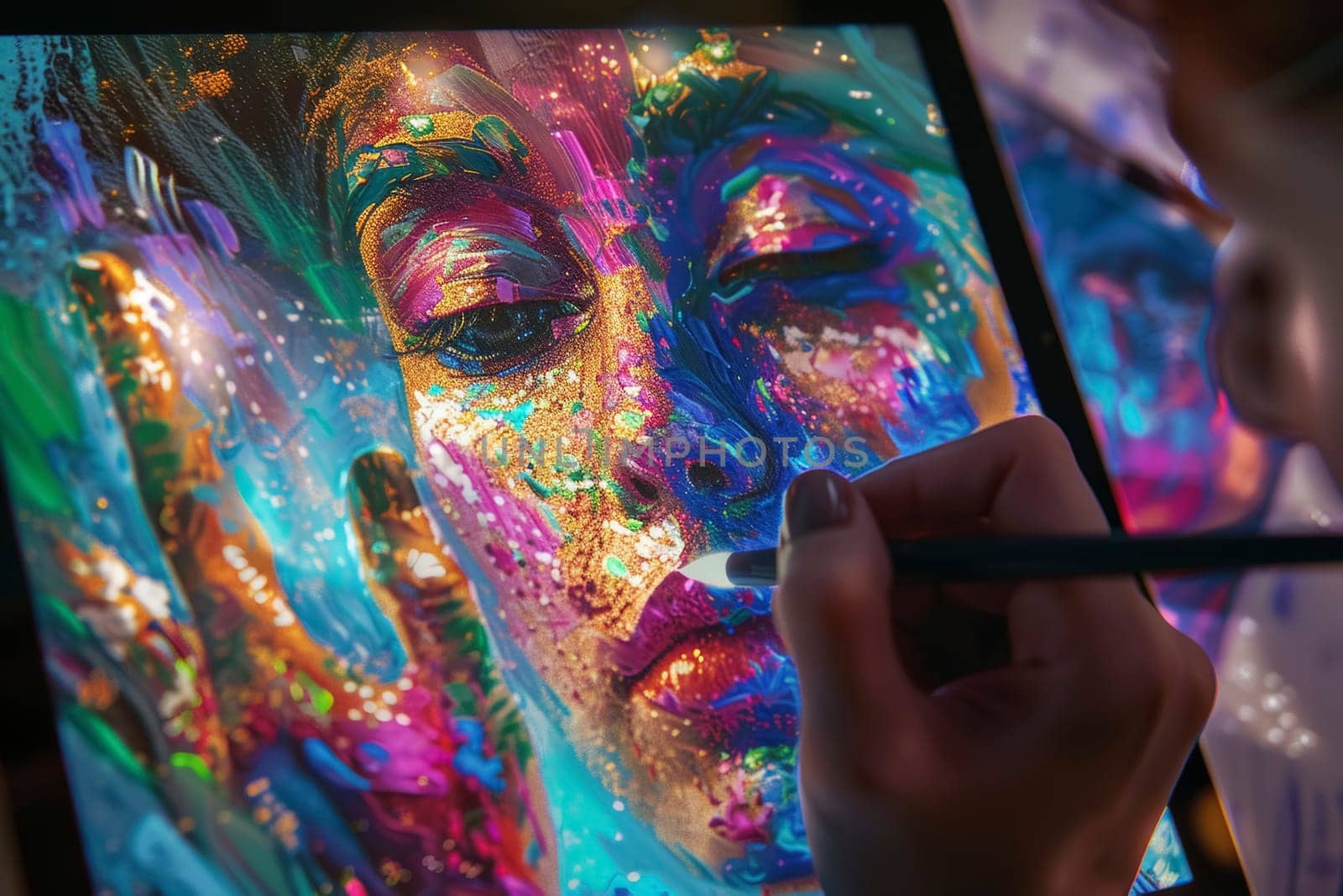 An artist with autism is engrossed in creating vibrant digital art, bringing a colorful portrait to life. The detailed artwork showcases a fusion of bright hues and expressive creativity, highlighting the extraordinary talents of neurodiverse individuals