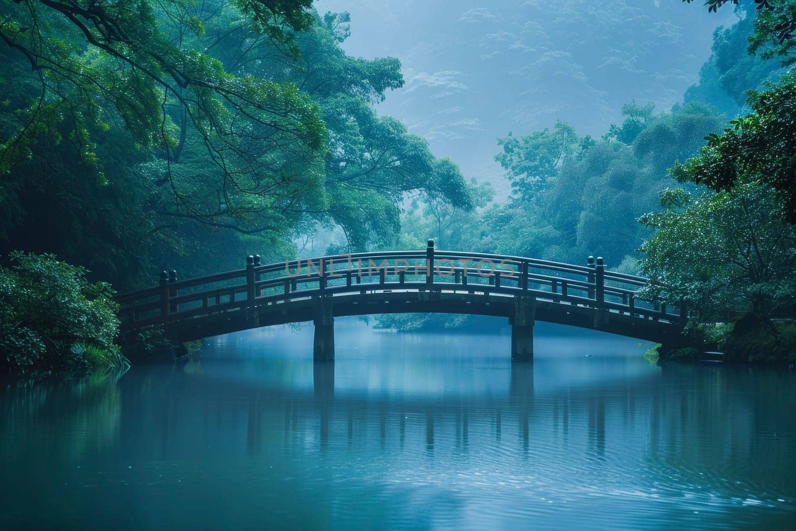 A traditional wooden bridge arches gracefully over a misty river in a tranquil forest setting. The scene embodies peace and the connection with nature