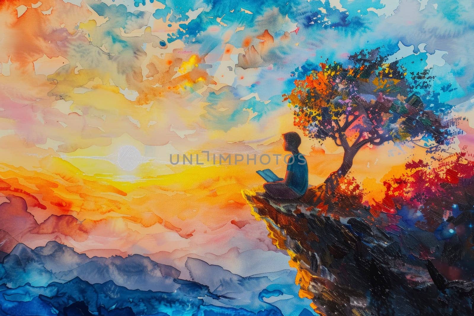A person sits on a cliff working on a laptop, against a dreamy, watercolor sky. This artwork merges technology and nature, symbolizing the digital nomad lifestyle