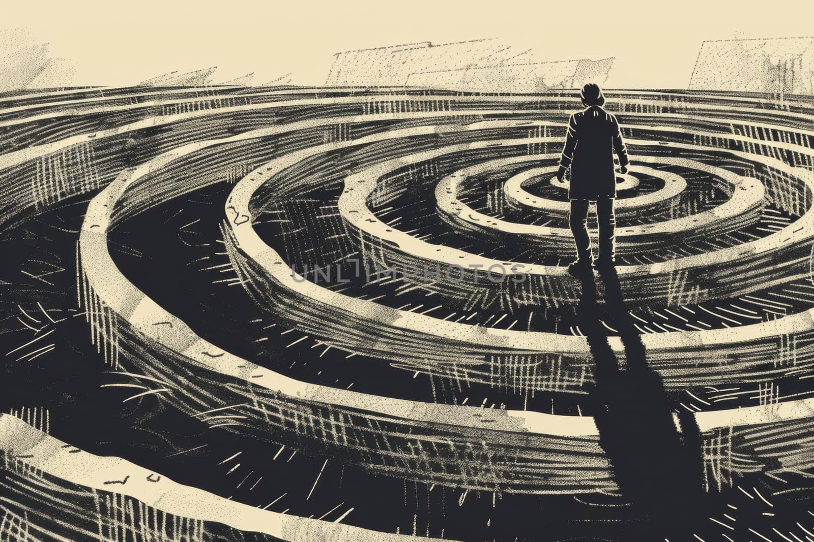 A sketched illustration portrays a symbolic journey through layers of consciousness, with a solitary figure approaching an enigmatic doorway. The artwork explores themes of self-discovery and the human psyche
