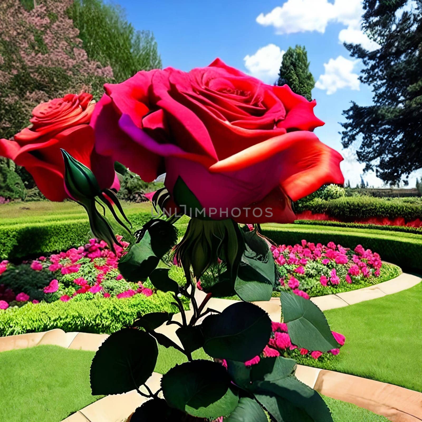 Timeless beauty of a classic rose garden in full bloom. Different angles and perspectives to showcase the rich colors and exquisite petal formations of various rose varieties. Panorama