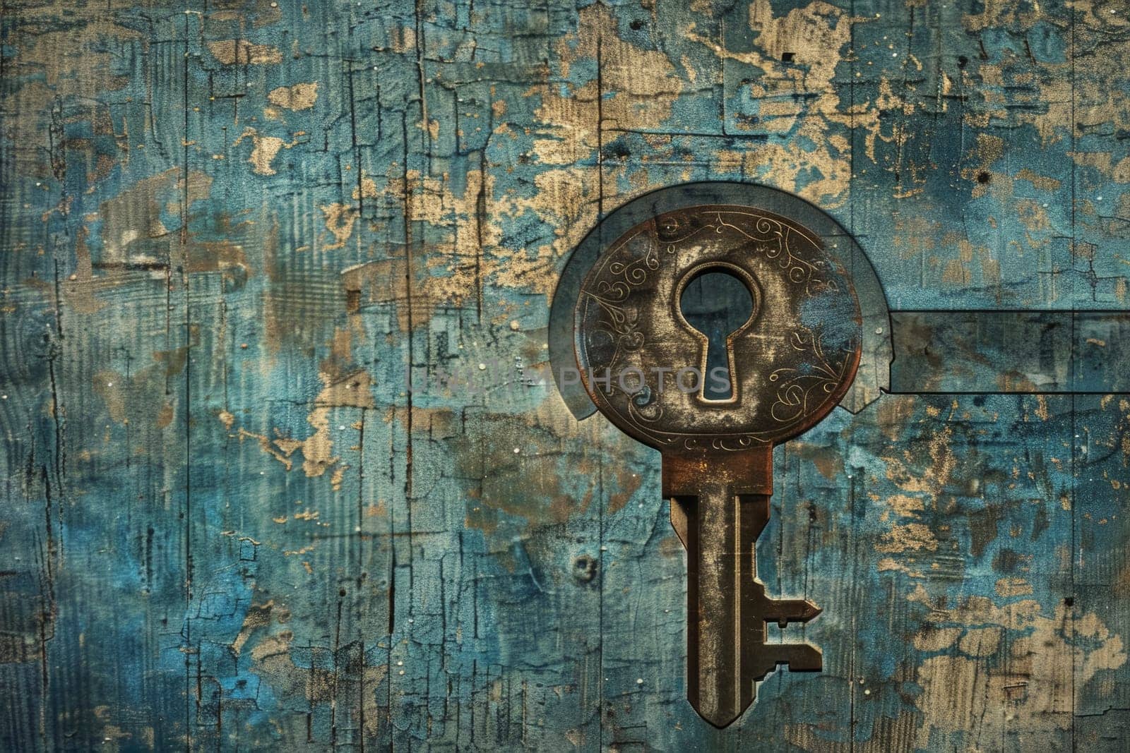 An antique key inserts into a vintage lock on a distressed wooden surface, symbolizing discovery and unlocking mysteries