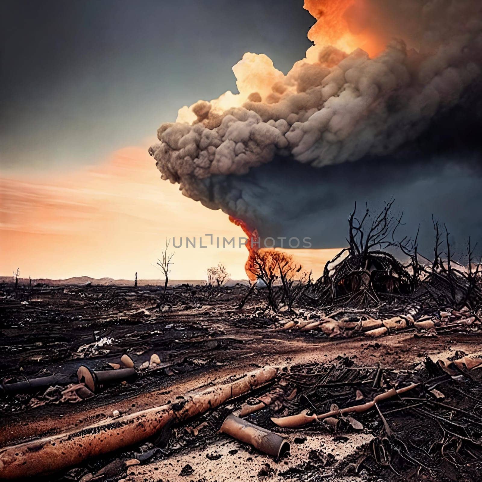 Devastated Landscapes. Disaster with scorched earth, smoldering wreckage, and a bleak atmosphere that conveys the destruction that occurred.