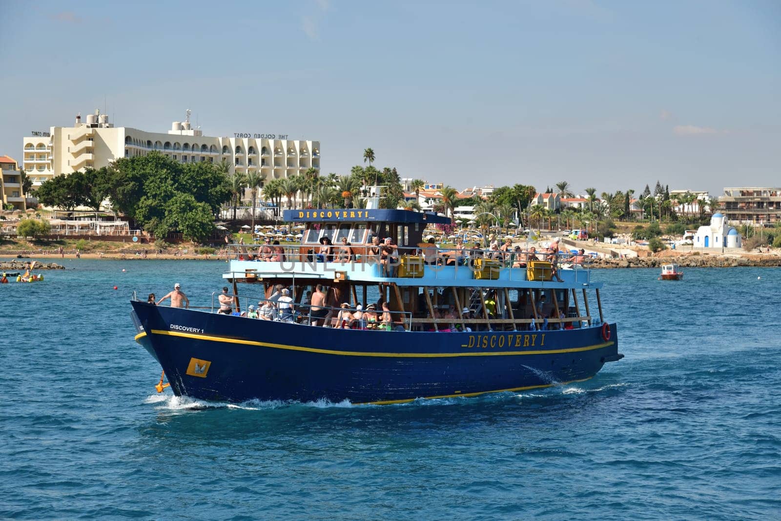 Protaras, Cyprus - Oct 10. 2019. Discovery I -Sightseeing ship with tourists sets sail by olgavolodina