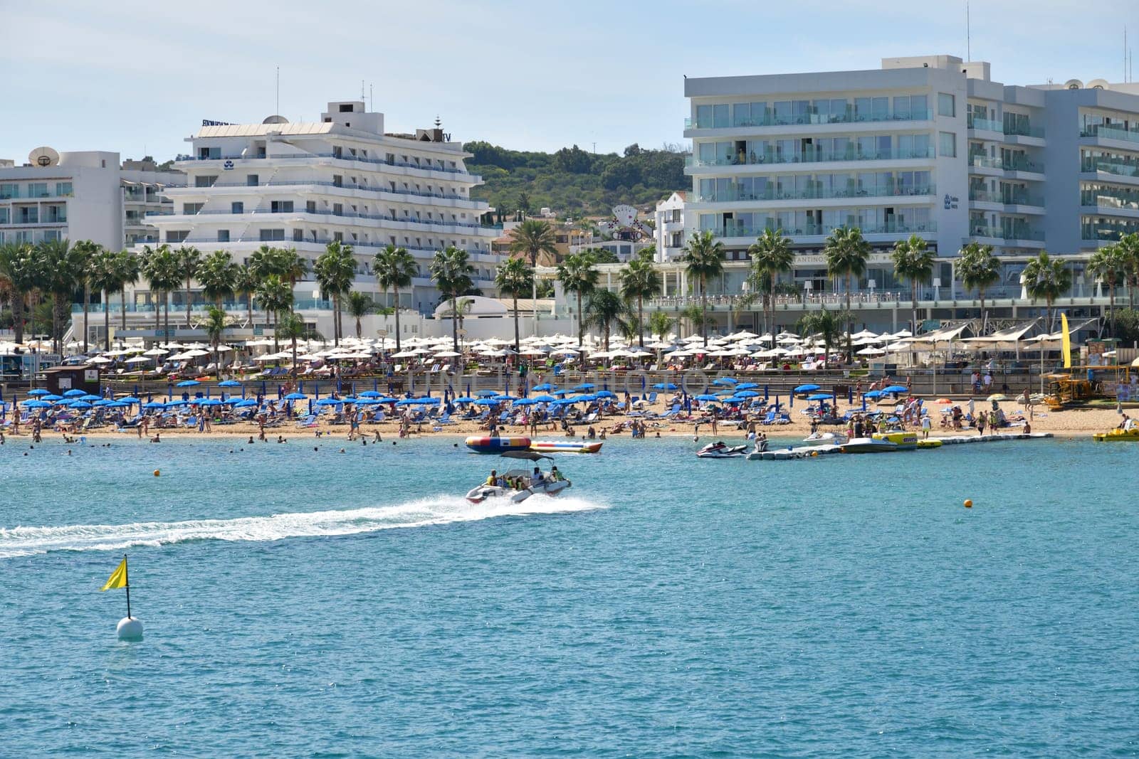 Protaras, Cyprus - Oct 10. 2019. A number of hotels on the popular Sunrise Beach by olgavolodina