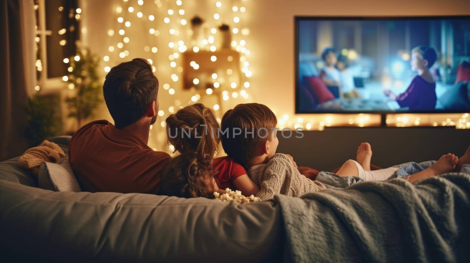 The family gathers in a dark room, sharing the fun and entertainment of watching a television program on a couch. AIG41