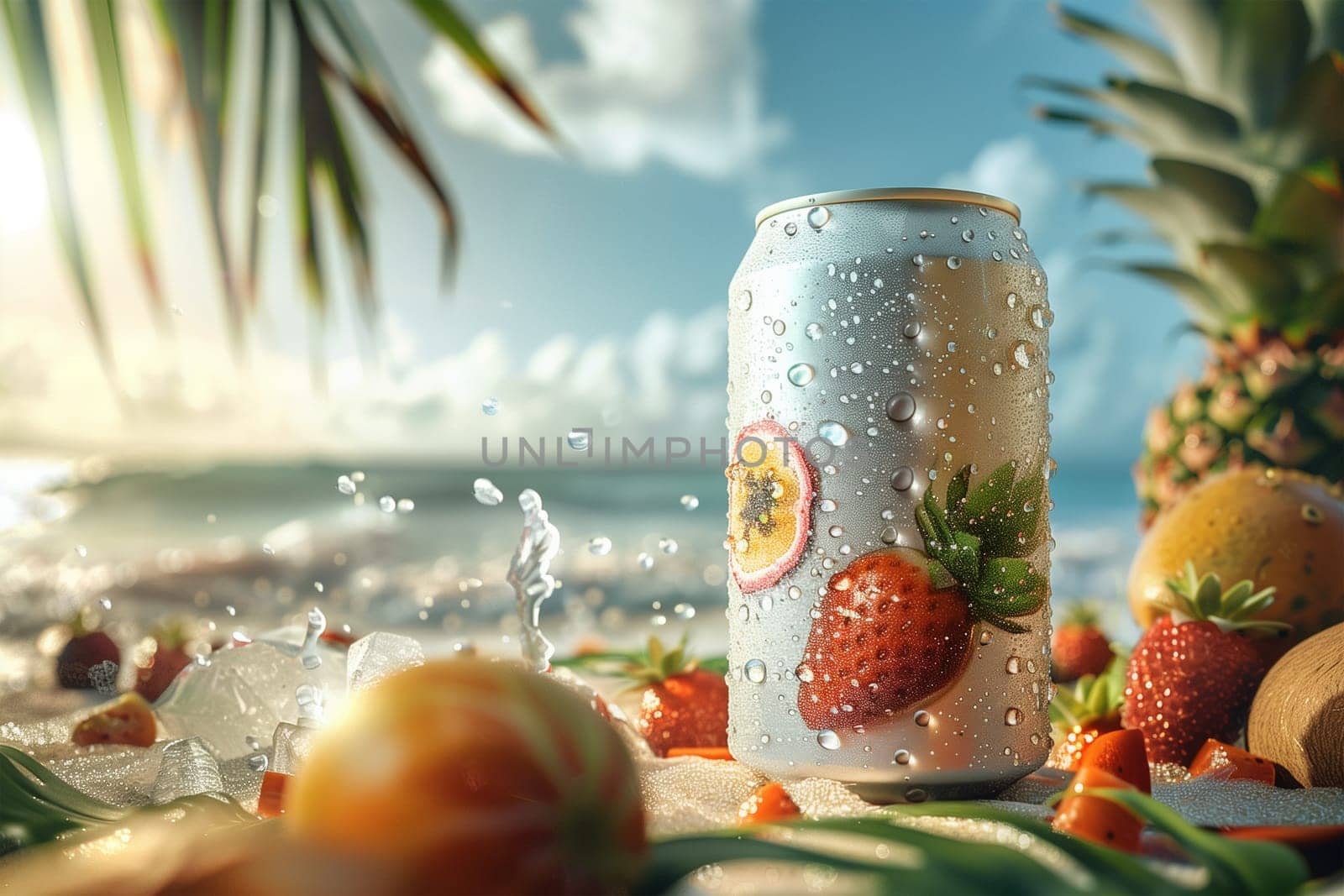 A can of soda sitting on the sandy beach surrounded by fresh strawberries and oranges.