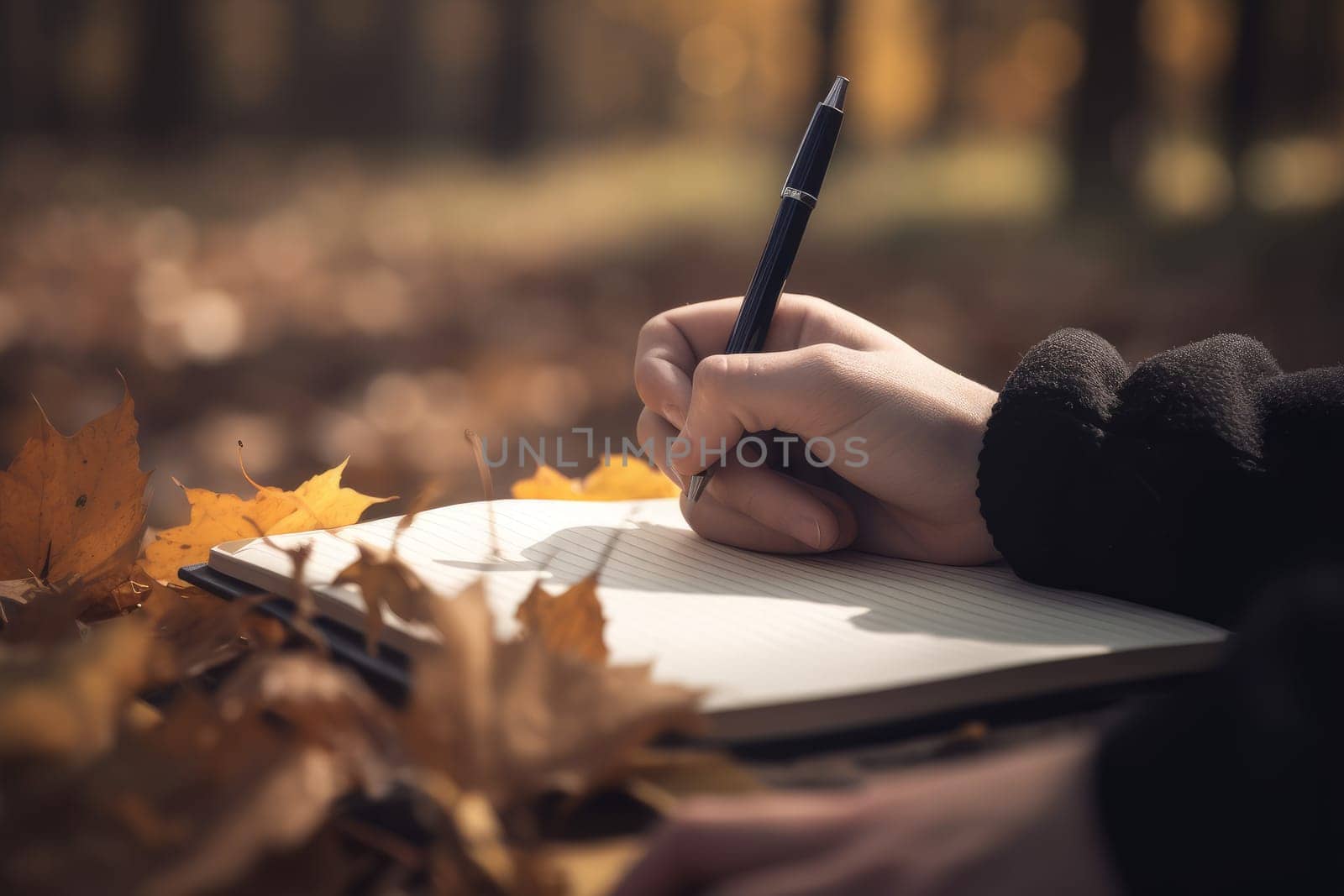 Autumn leaves forest writing. Education write. Generate Ai