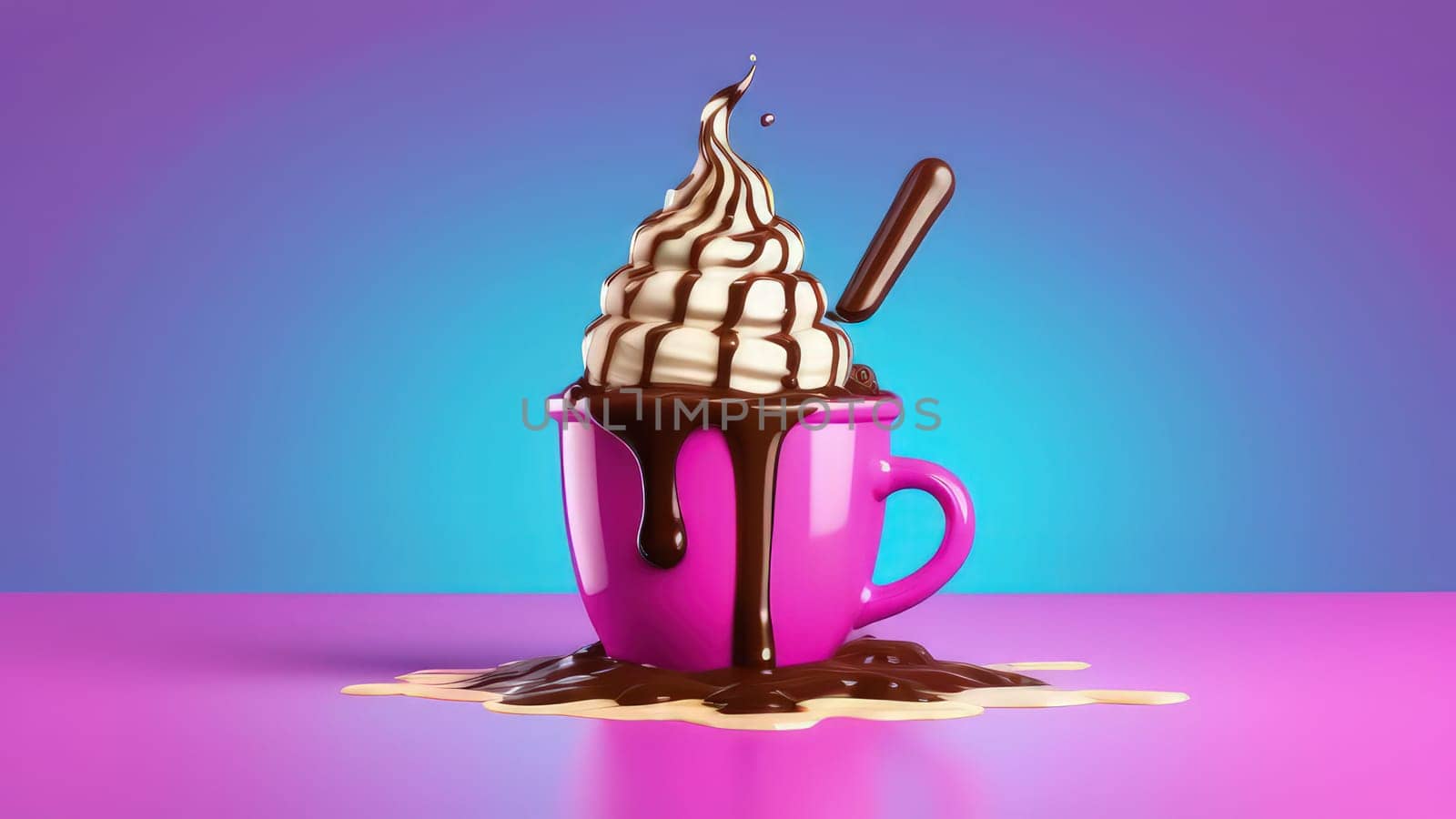 Delicious ice cream coffee dessert in cup, beautifully presented on vibrant pink background. For advertising, banner, relaxation, lifestyle, menu, dessert, culinary, cafe themed content. Copy space