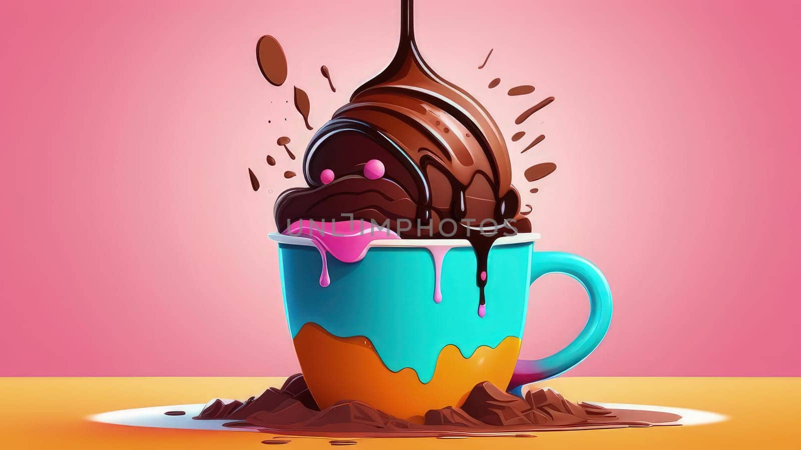 Luxurious and tempting process of pouring rich and creamy chocolate into cup with ice cream, coffee. For advertising, banner, relaxation, menu, dessert, culinary or cafe themed content. Copy space