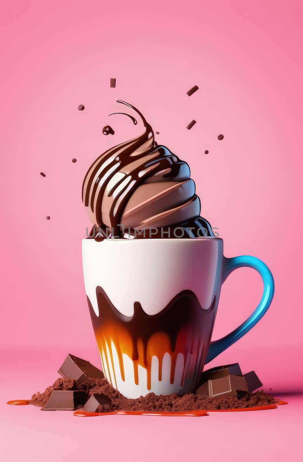 Delicious ice cream coffee dessert in cup, beautifully presented on vibrant pink background. For advertising, banner, relaxation, lifestyle, menu, dessert, culinary, cafe themed content. Copy space