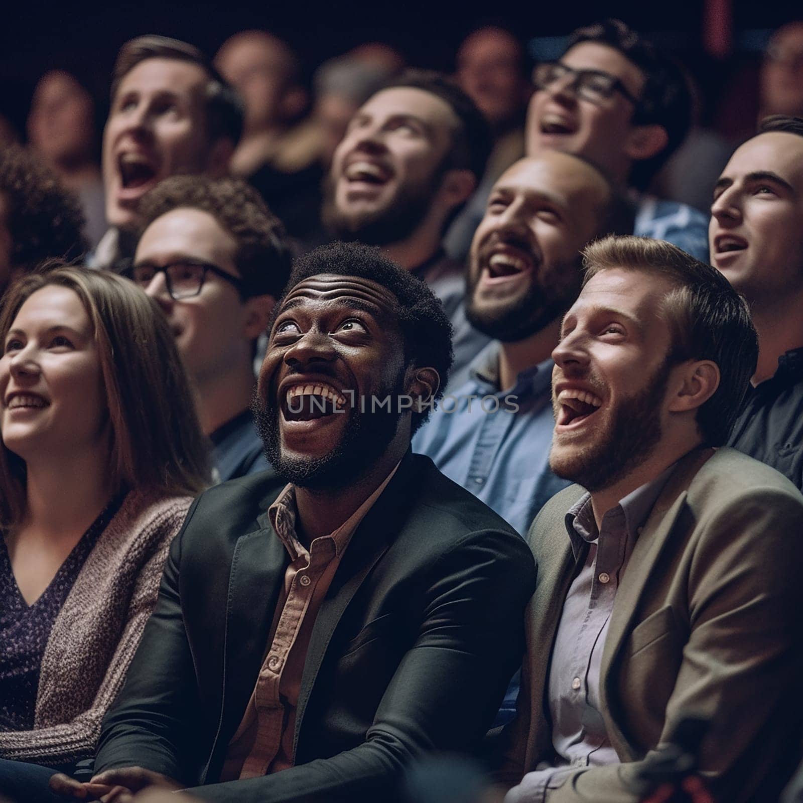 Audience laughing joyfully at a performance or event