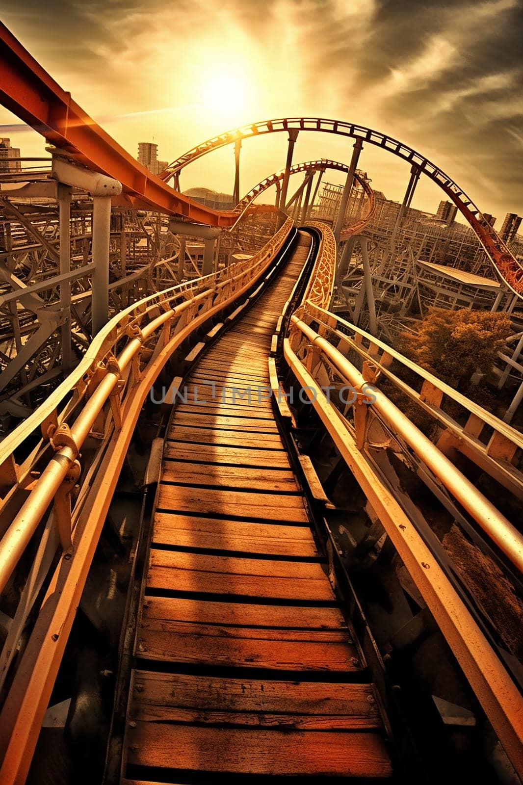 A roller coaster track at sunset with a vibrant, warm glow.