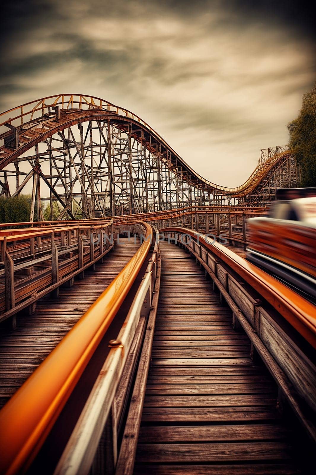 Vintage wooden roller coaster with a vibrant, cloudy sky backdrop.