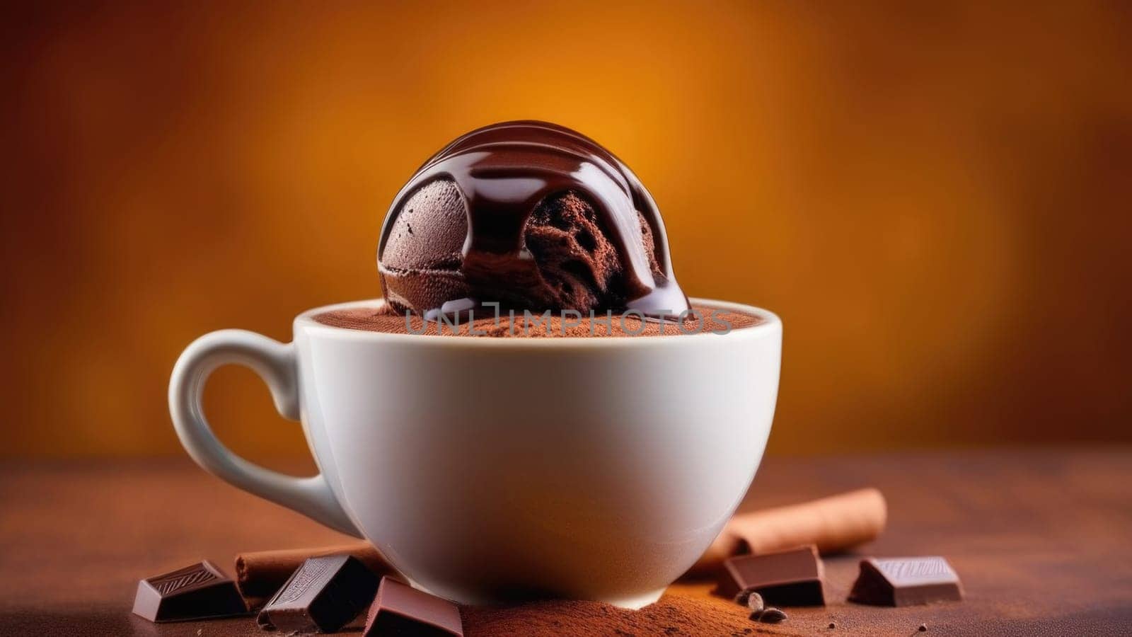 Cup of coffee topped with creamy ice cream and decadent chocolate, set against dark background. For advertising, banner, relaxation, lifestyle, menu, dessert, culinary cafe themed content. Copy space