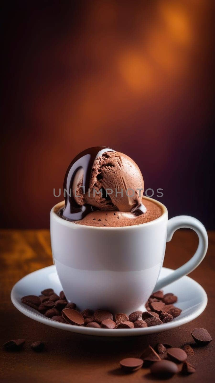 Cup of coffee topped with creamy ice cream and decadent chocolate, set against dark background. For advertising, banner, relaxation, lifestyle, menu, dessert, culinary cafe themed content. Copy space