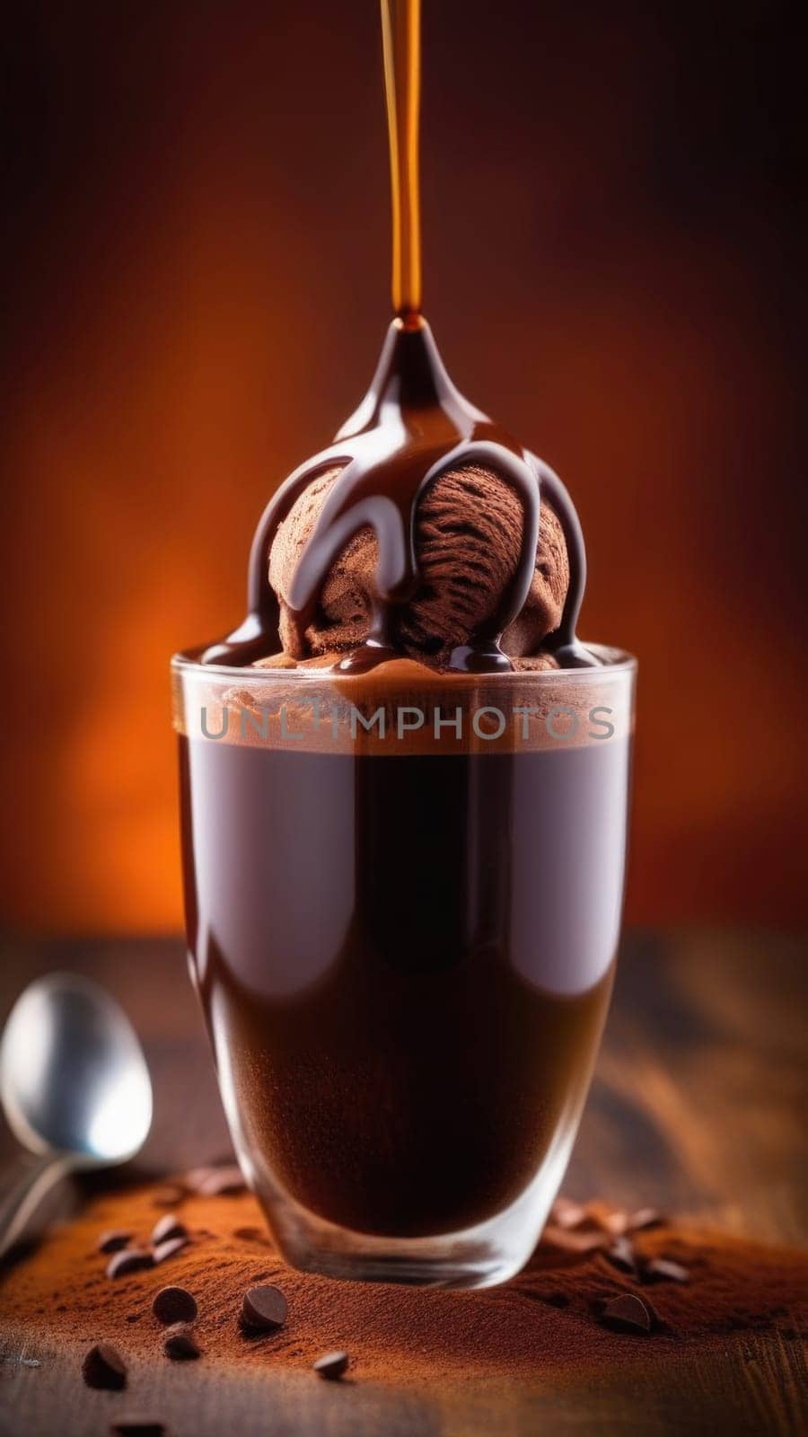 Luxurious and tempting process of pouring rich and creamy chocolate into cup with ice cream, coffee. For advertising, banner, relaxation, menu, dessert, culinary or cafe themed content. Copy space