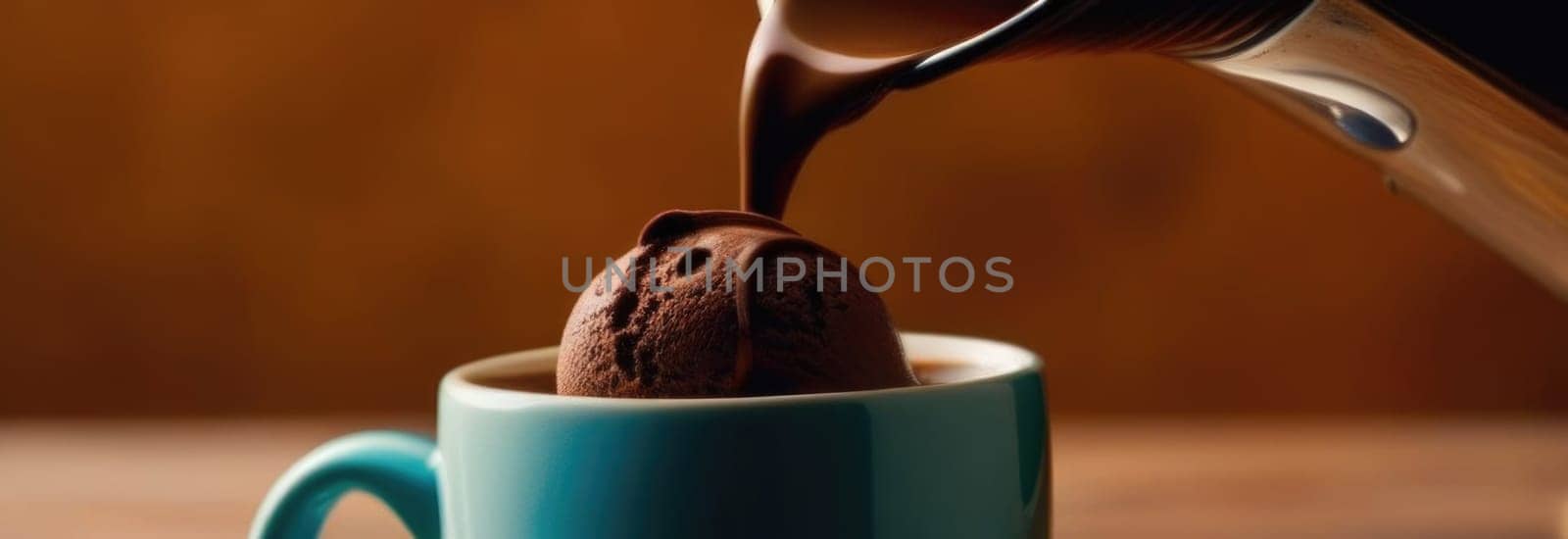 Luxurious and tempting process of pouring rich and creamy chocolate into cup with ice cream, coffee. For advertising, banner, relaxation, menu, dessert, culinary or cafe themed content. Copy space