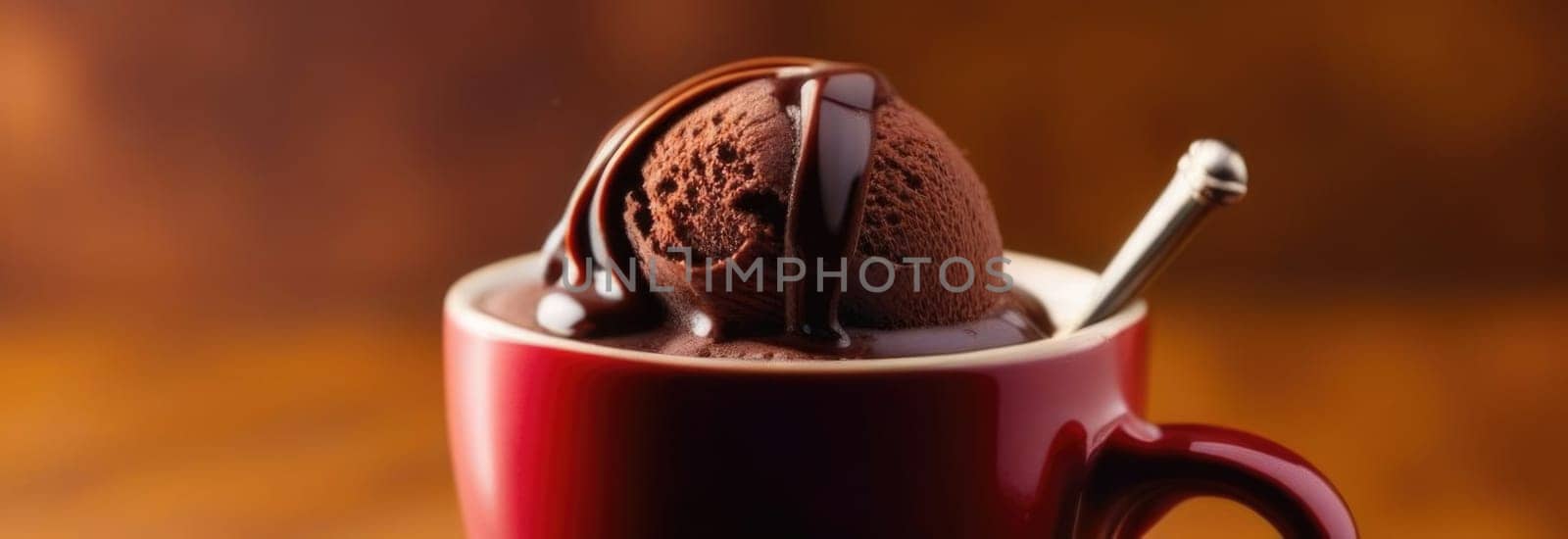 Cup of coffee topped with creamy ice cream and decadent chocolate, set against dark background. For advertising, banner, relaxation, lifestyle, menu, dessert, culinary cafe themed content. Copy space