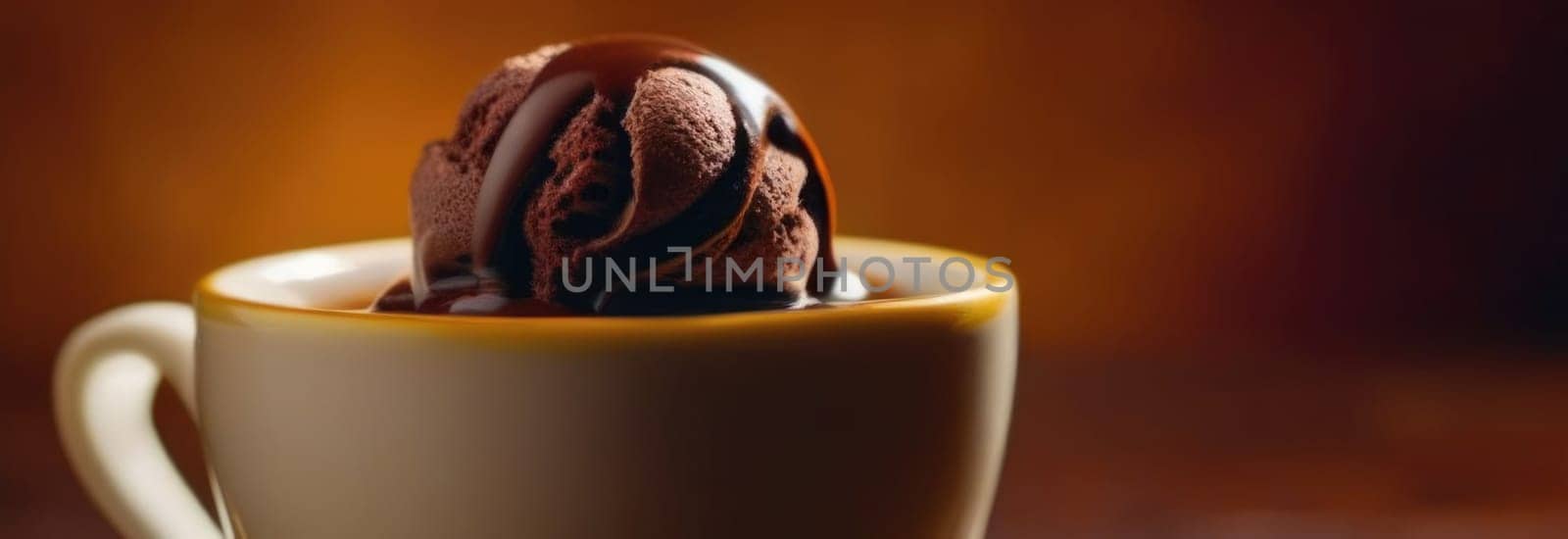 Combines elements of coffee cup, ice cream, chocolate creating visually appealing luxurious image against dark backdrop. For advertising, banner, menu, dessert, cafe themed content. Copy space