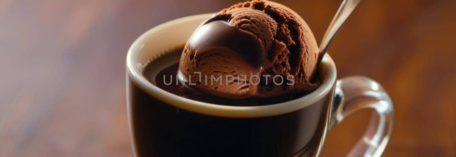 Combines elements of coffee cup, ice cream, chocolate creating visually appealing luxurious image against dark backdrop. For advertising, banner, menu, dessert, cafe themed content. Copy space