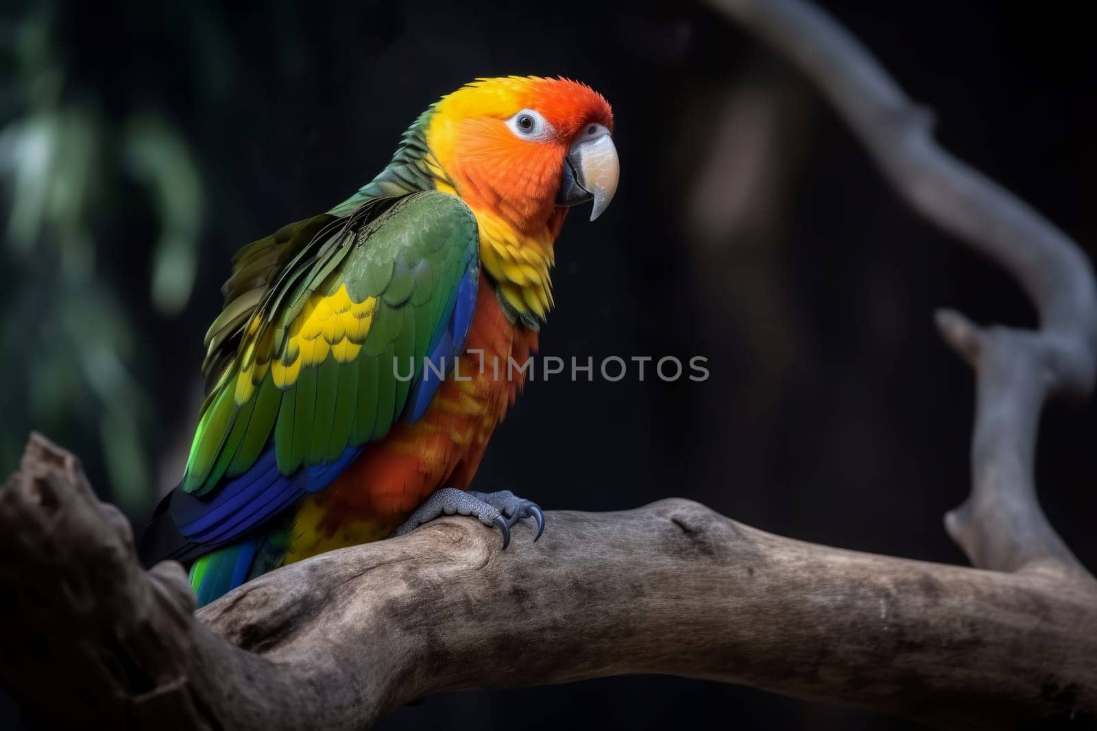 Colorful parrot branch. Nature tropical wildlife. Generate Ai