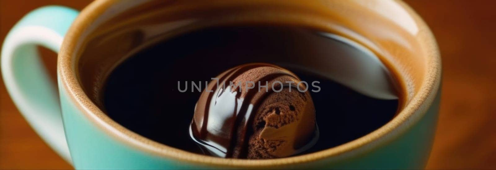 Combines elements of coffee cup, ice cream, chocolate creating visually appealing luxurious image against dark backdrop. For advertising, banner, menu, dessert, cafe themed content. Copy space