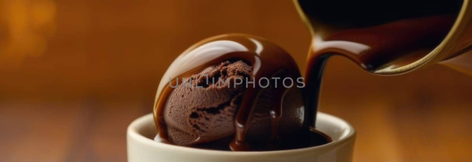 Luxurious and tempting process of pouring rich and creamy chocolate into cup with ice cream, coffee. For advertising, banner, relaxation, menu, dessert, culinary or cafe themed content. Copy space