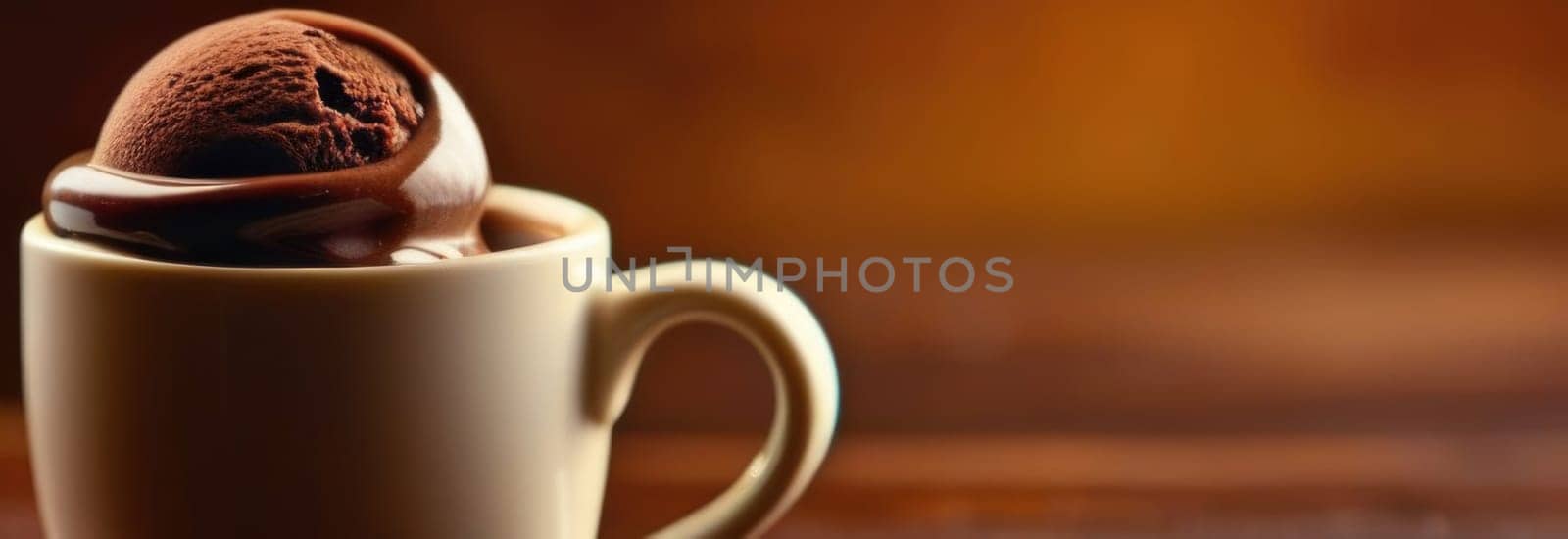 Combines elements of coffee cup, ice cream, chocolate creating visually appealing luxurious image against dark backdrop. For advertising, banner, menu, dessert, cafe themed content. Copy space