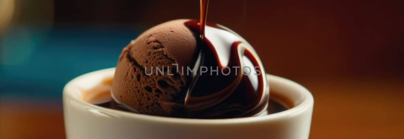 Luxurious and tempting process of pouring rich and creamy chocolate into cup with ice cream, coffee. For advertising, banner, relaxation, menu, dessert, culinary or cafe themed content. Copy space