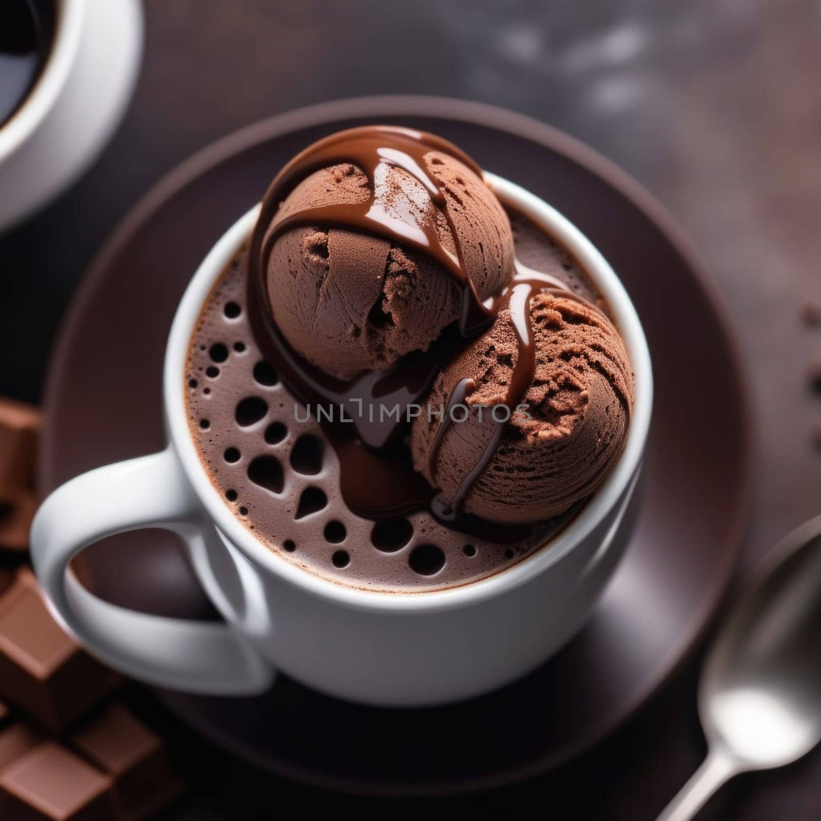 Cup of coffee topped with creamy ice cream and decadent chocolate, set against dark background. For advertising, banner, relaxation, lifestyle, menu, dessert, culinary cafe themed content. Copy space