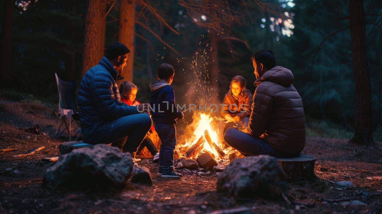 A group of people are sitting around a campfire in the woods AIG41 by biancoblue