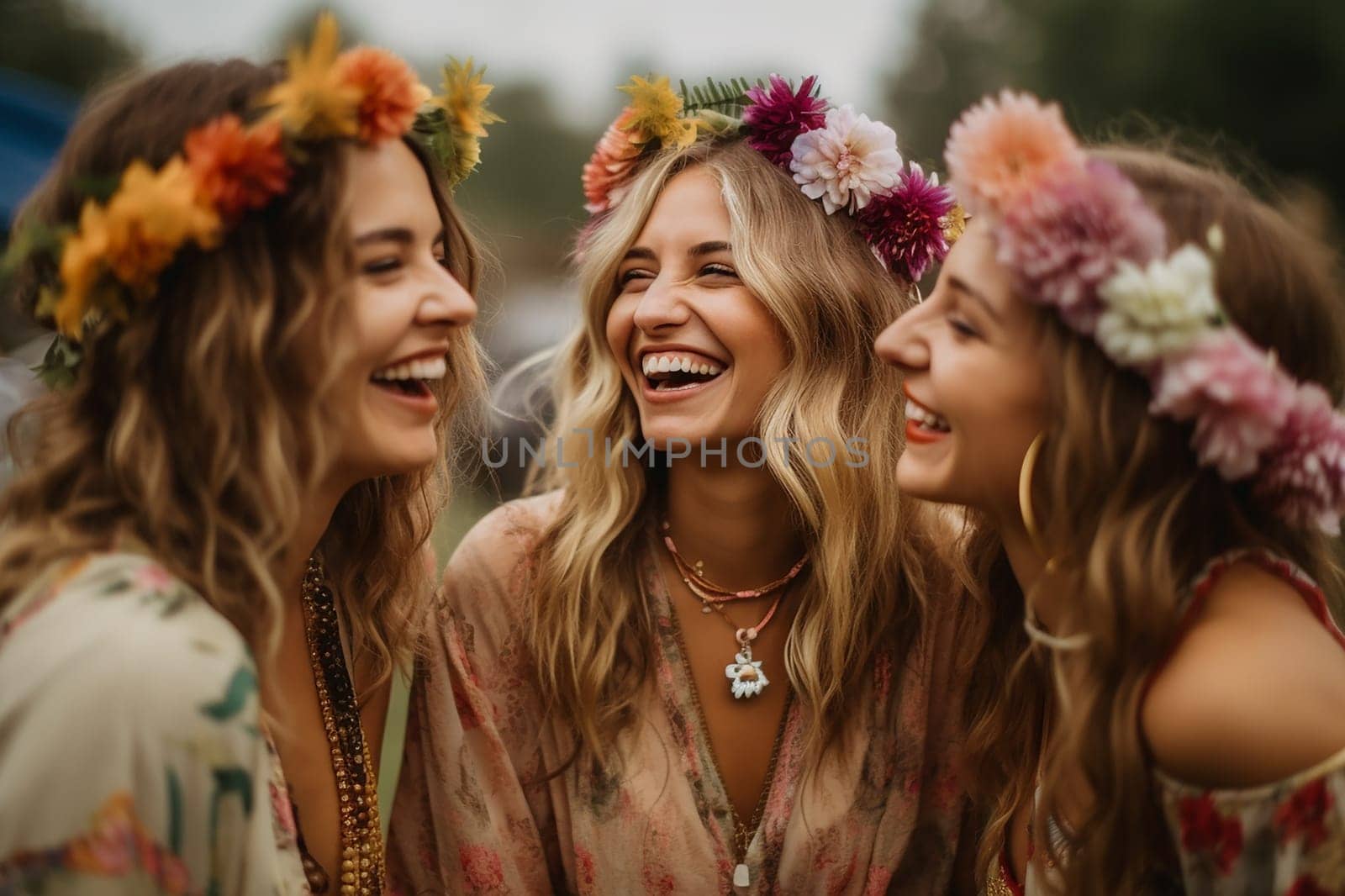 Three joyful women with floral headbands sharing a laugh together