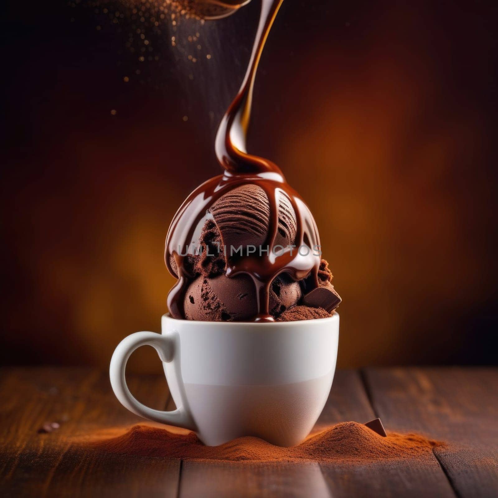 Luxurious and tempting process of pouring rich and creamy chocolate into cup with ice cream, coffee. For advertising, banner, relaxation, menu, dessert, culinary or cafe themed content. Copy space