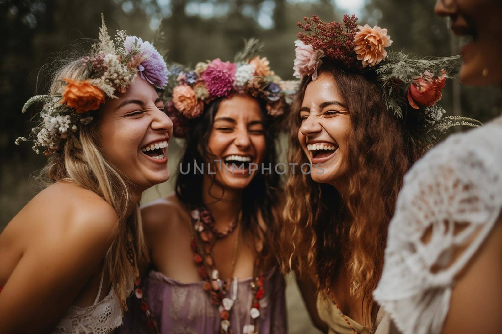 Three joyful women wearing floral crowns laughing together outdoors.