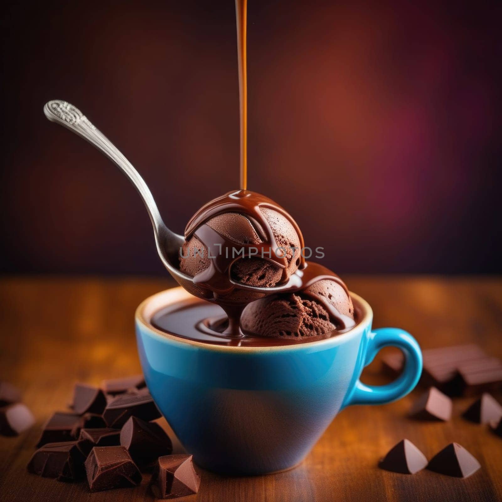 Luxurious and tempting process of pouring rich and creamy chocolate into cup with ice cream, coffee. For advertising, banner, relaxation, menu, dessert, culinary or cafe themed content. Copy space