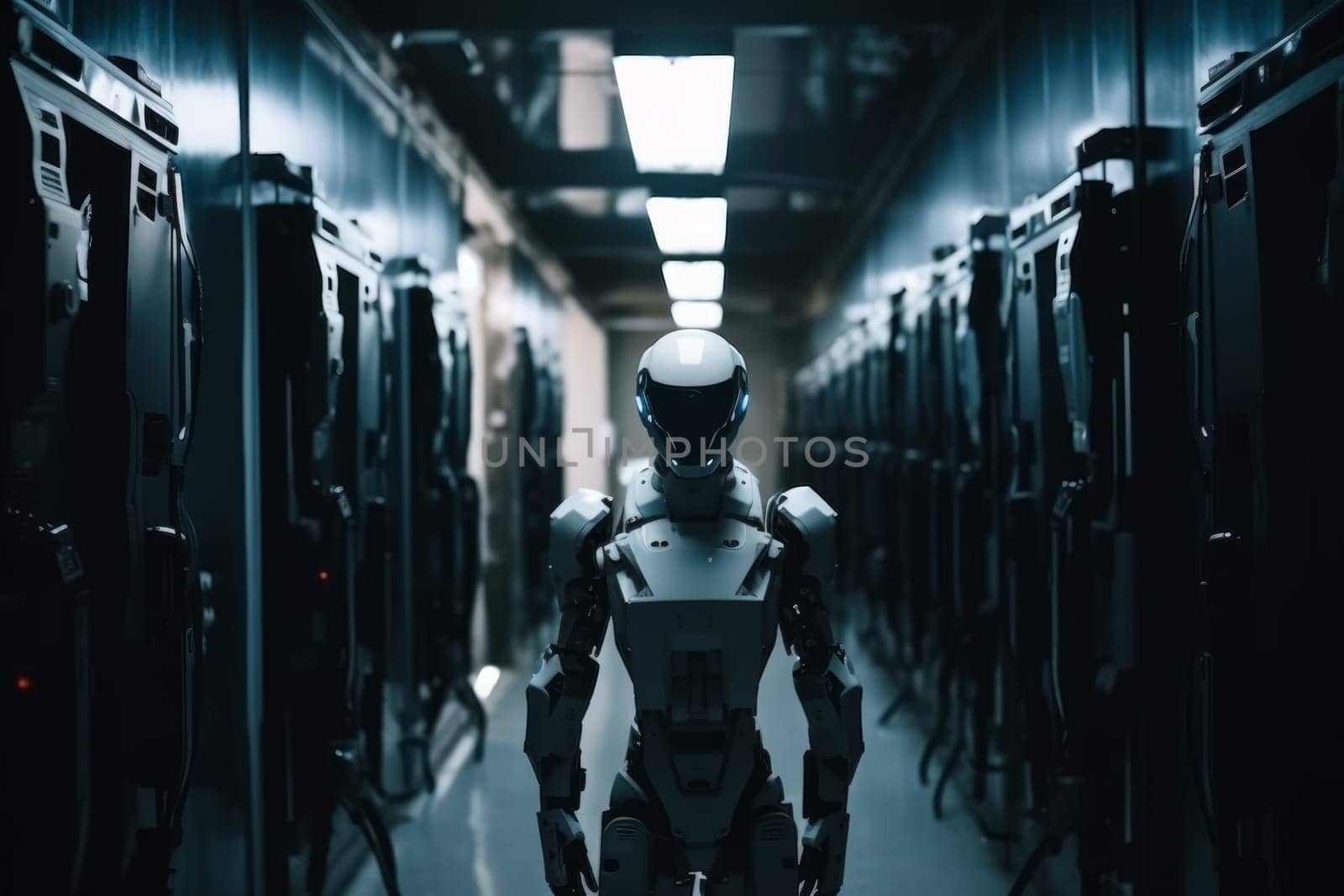 Corridor warehouse robot. Generate Ai by ylivdesign
